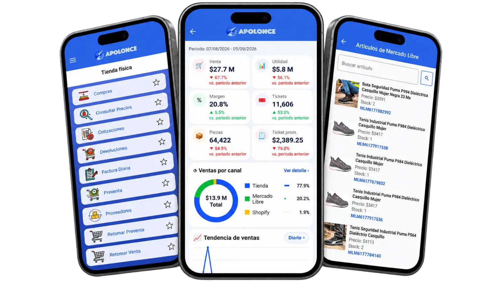 Aplicación móvil de Apolonce para Android con tienda física, dashboard BI y Mercado Libre