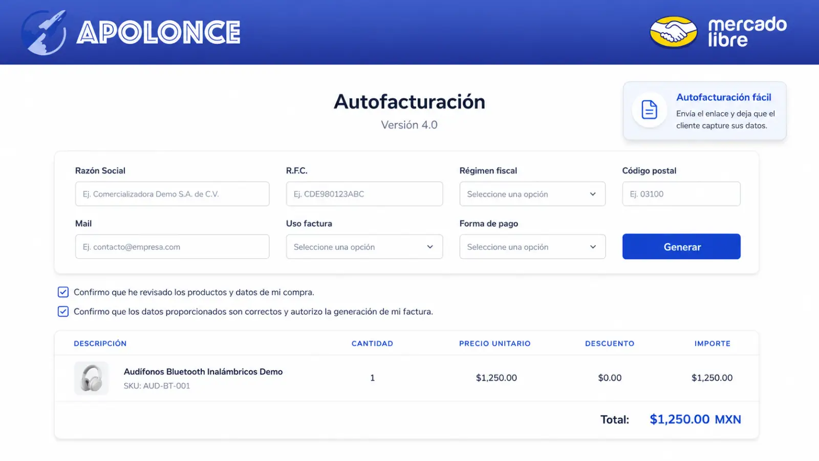 Pantalla de autofacturación de Mercado Libre en Apolonce para captura de datos fiscales y generación de factura