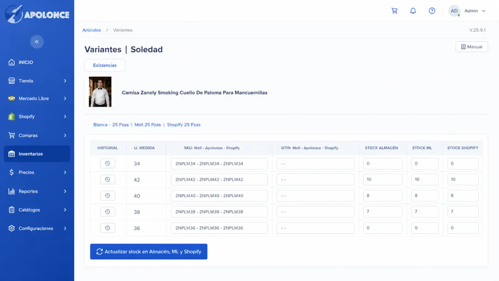 Sincronización de inventario por variante entre Apolonce, Mercado Libre y Shopify