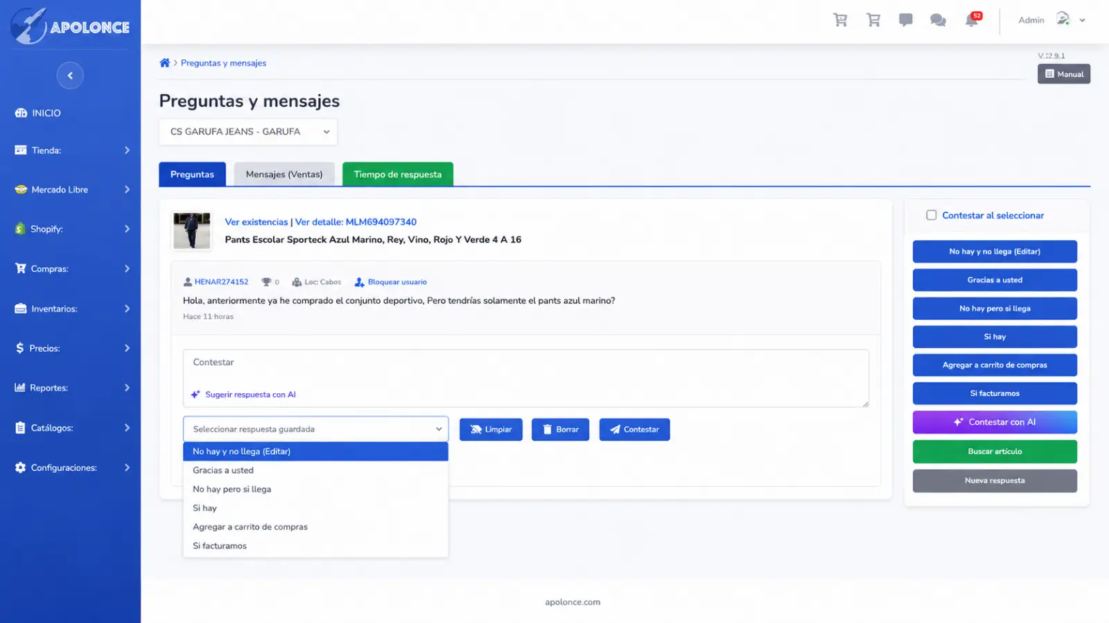 Panel de preguntas y mensajes de Mercado Libre en Apolonce con respuestas guardadas y opción de contestar con AI