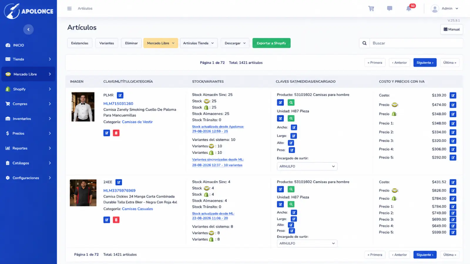 Catálogo de publicaciones de Mercado Libre en Apolonce con variantes, stock, SKU, precios y exportación a Shopify