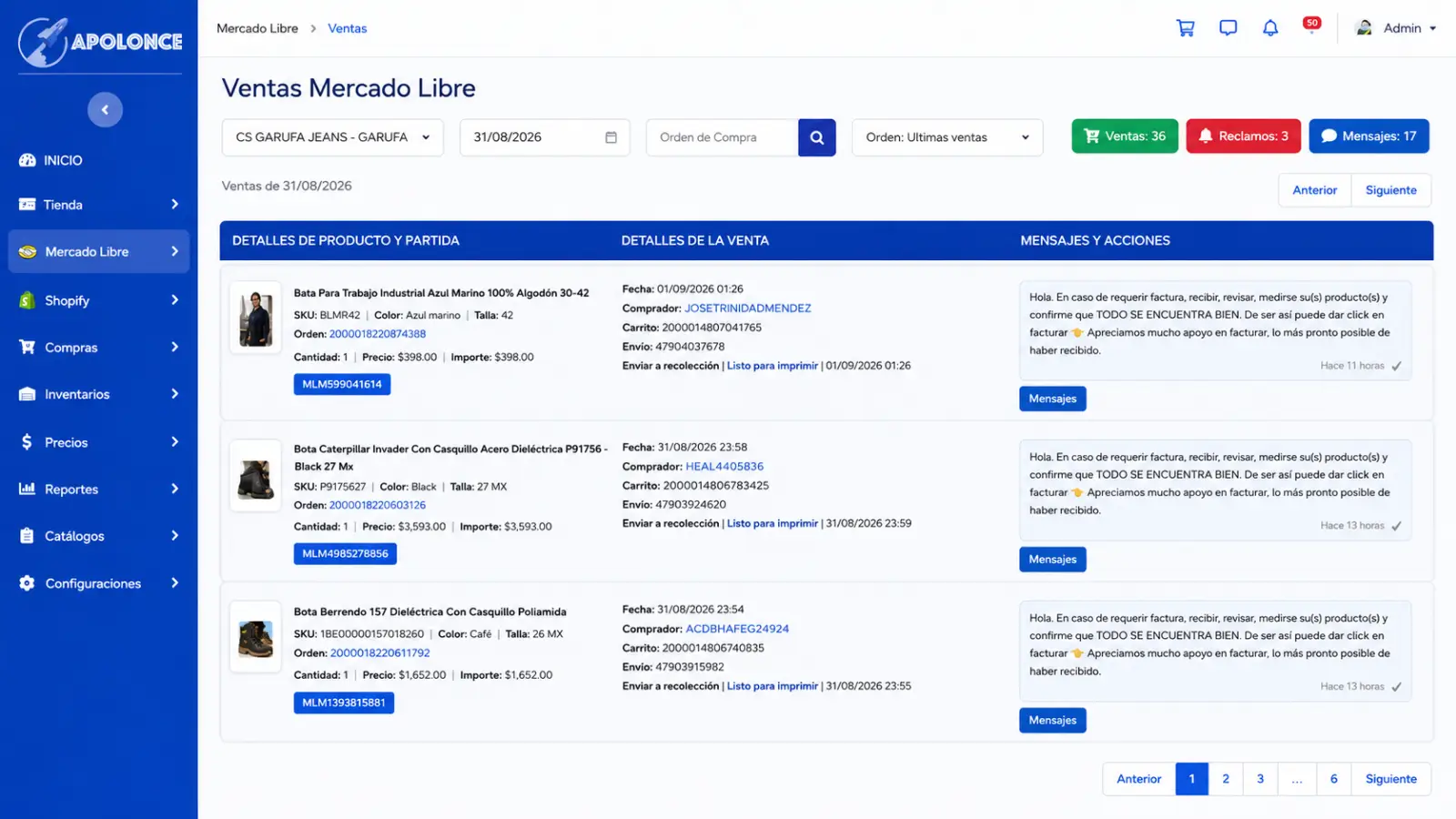 Panel de ventas de Mercado Libre en Apolonce con productos, compradores, pedidos, envíos, mensajes y reclamos