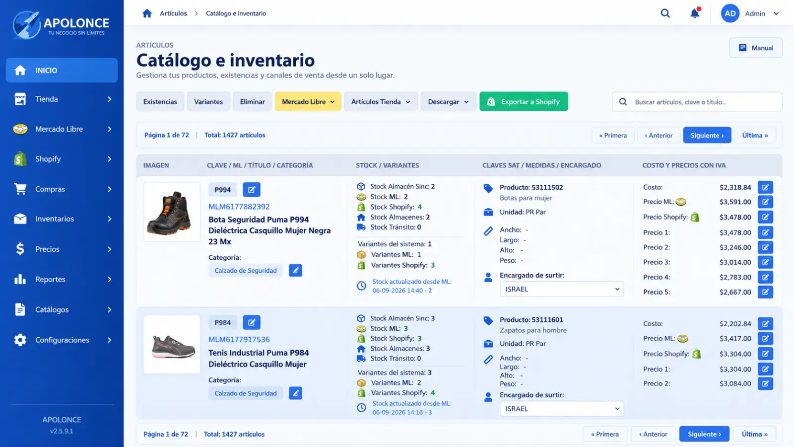 Catálogo de artículos e inventario de Apolonce