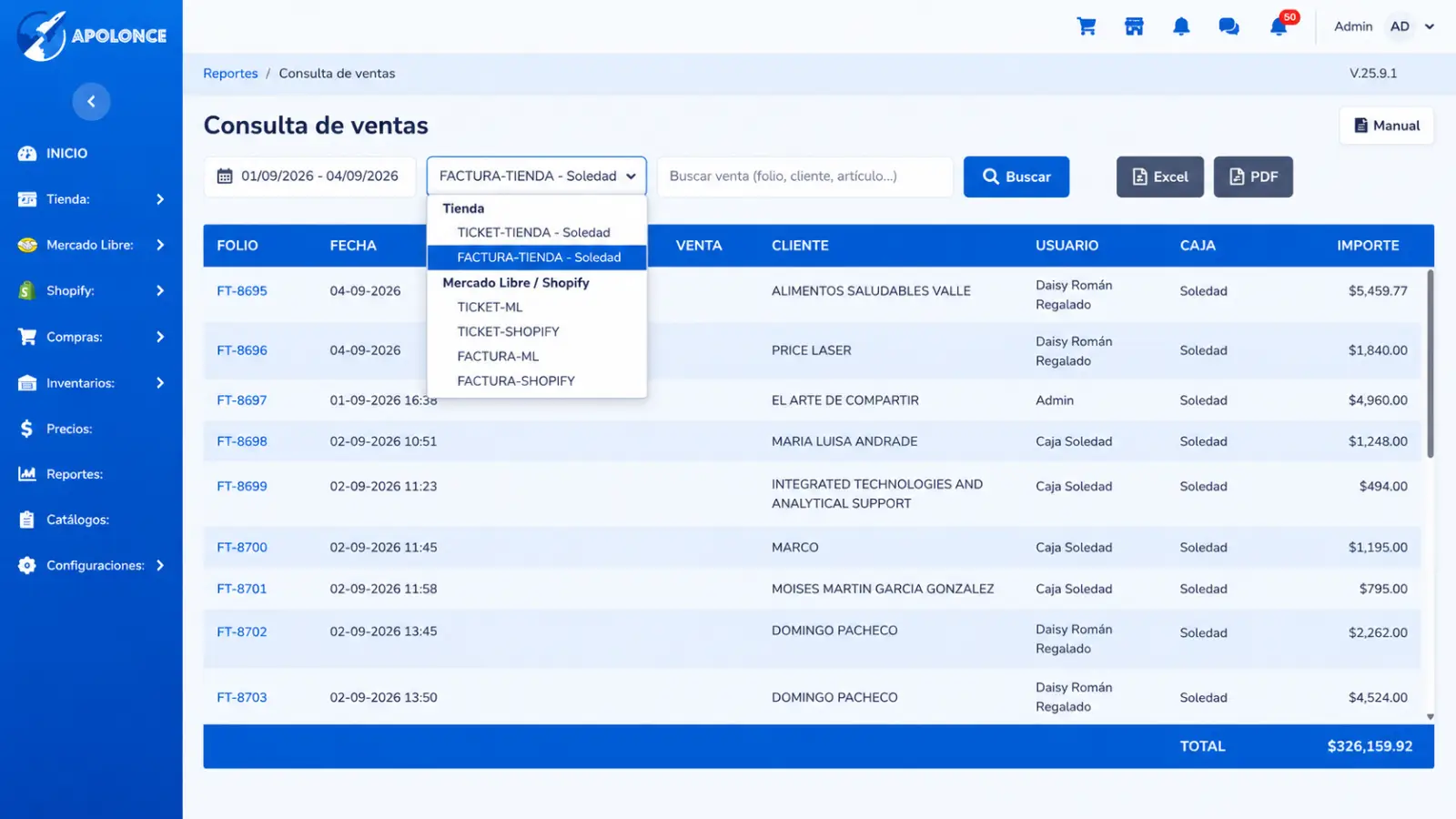 Menús y funciones de la Terminal Punto de Venta Apolonce