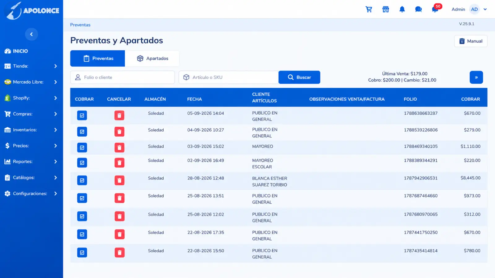 Pantalla de preventas y apartados de Apolonce